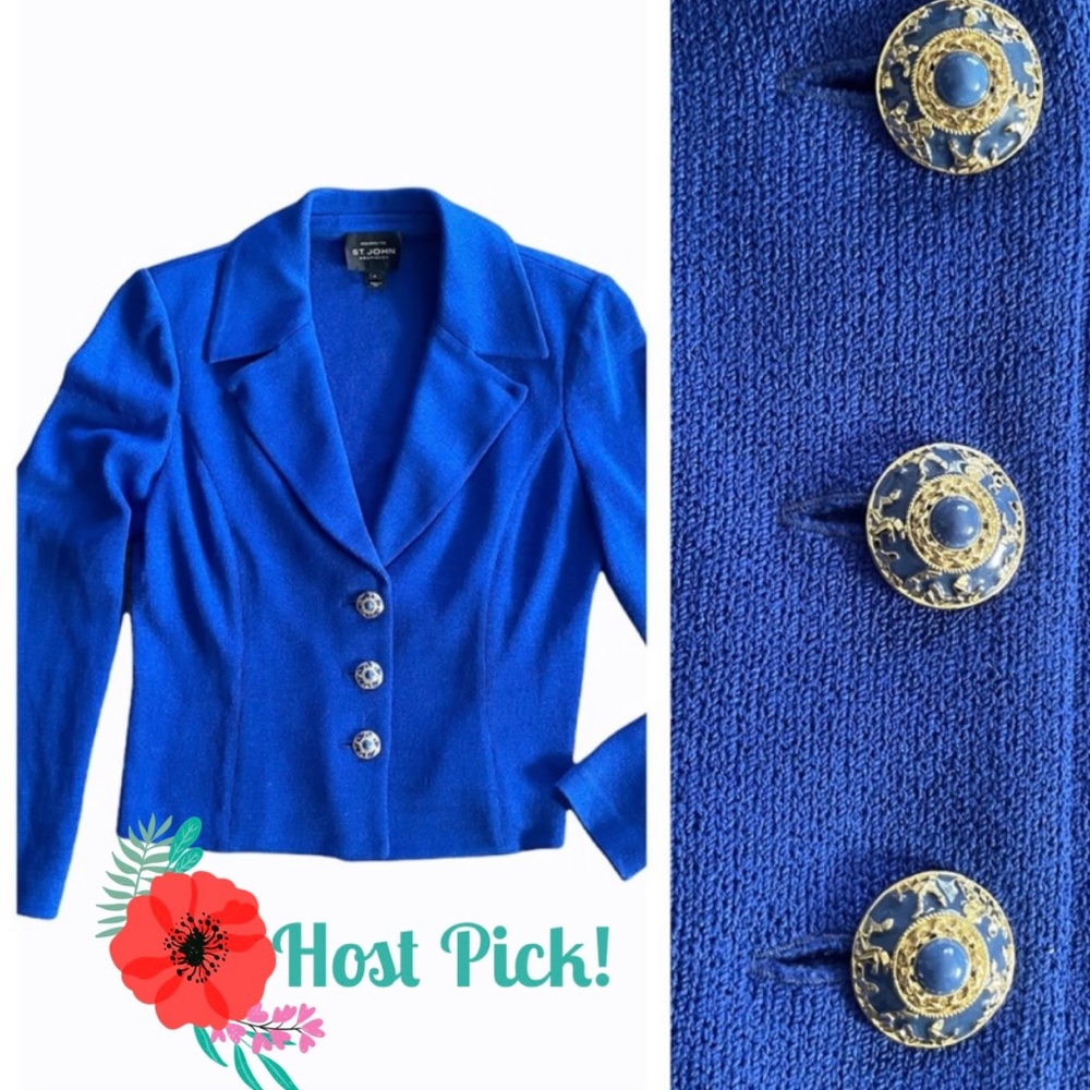 St. John Royal Blue Knit Blazer with Gold-Trim Buttons